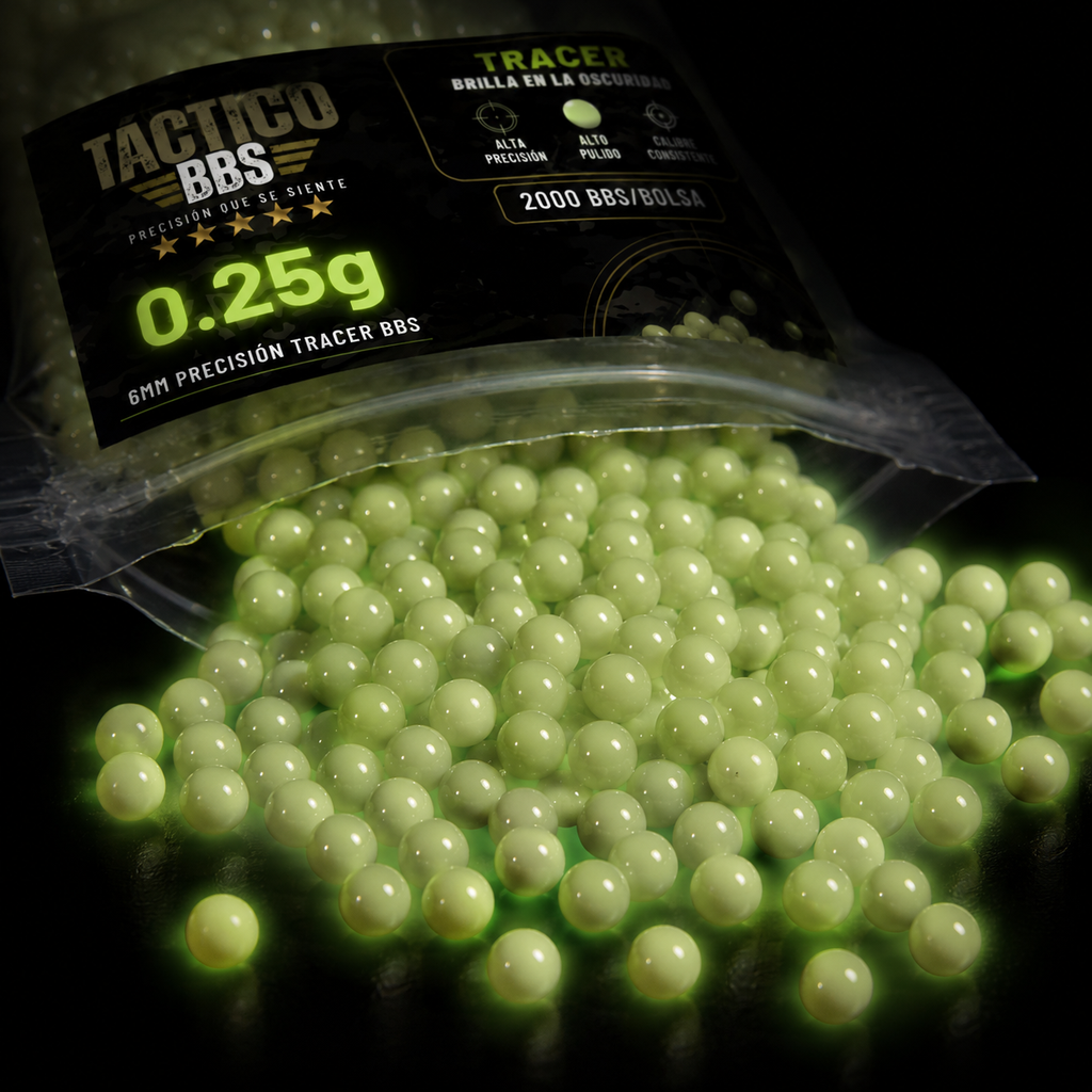 Balines Trazadores Airsoft 0.25g — Brillan en la Oscuridad — Táctico BBS